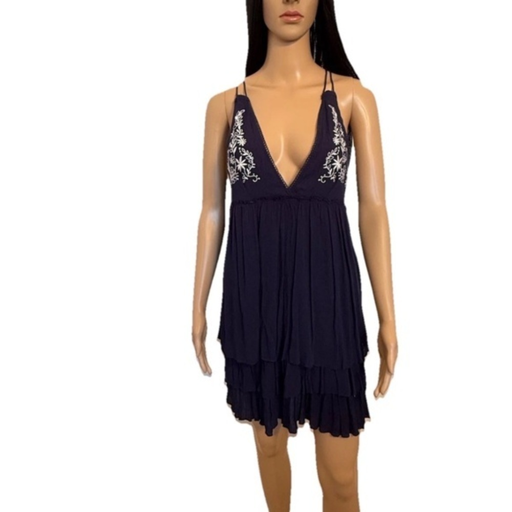Blue Mini Sundress with Plunge Neckline and Fringe